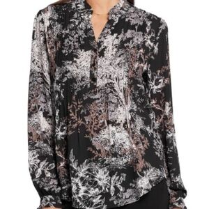 NYDJ Womens Top 2X Black Floral Print Long Sleeve Pleated V Neck Blouse NWT